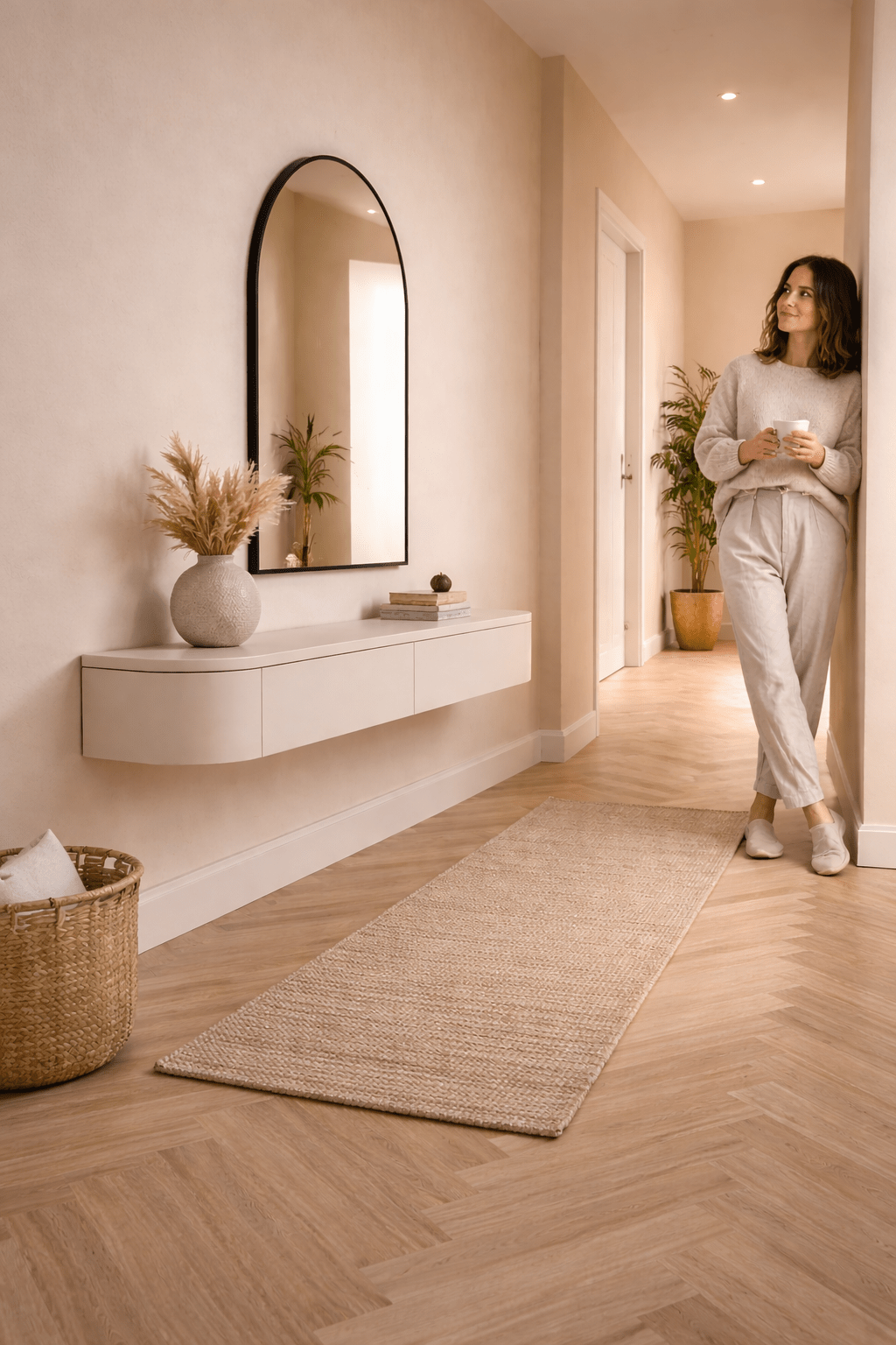 Meuble d'entrée suspendu / Coiffeuse style Japandi – Beige clair