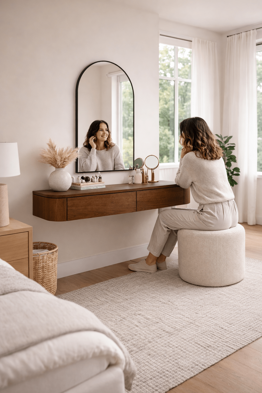 Coiffeuse japonaise en noyer avec caisson suspendu