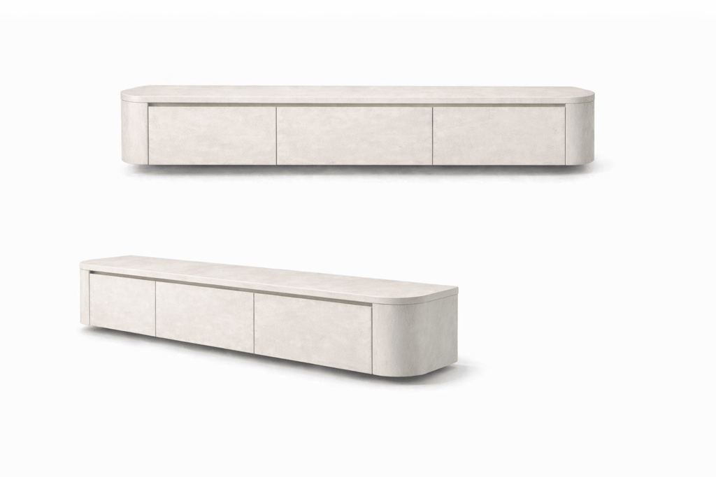 Meuble TV Japandi – Finition aspect béton blanc cassé