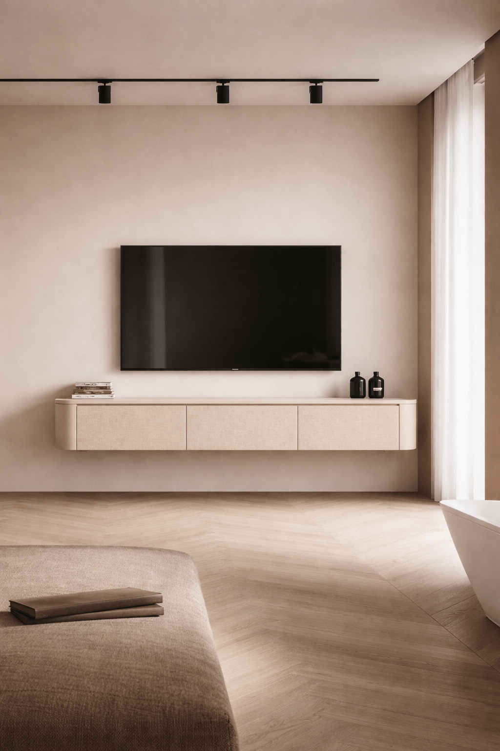 Meuble TV Japandi beige et lin