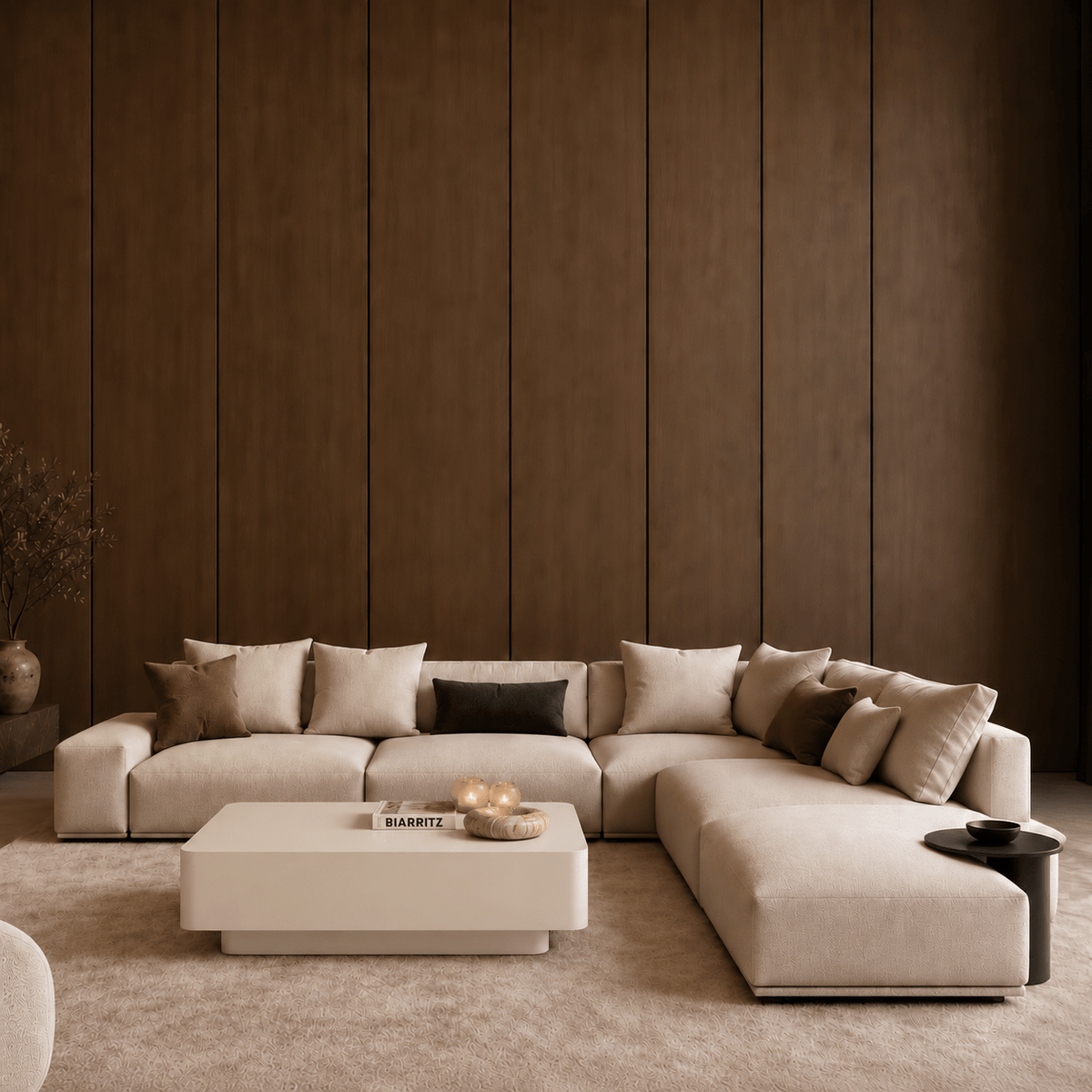 Table basse style Japandi, beige clair, L 120 cm x l 60 cm x H 38 cm